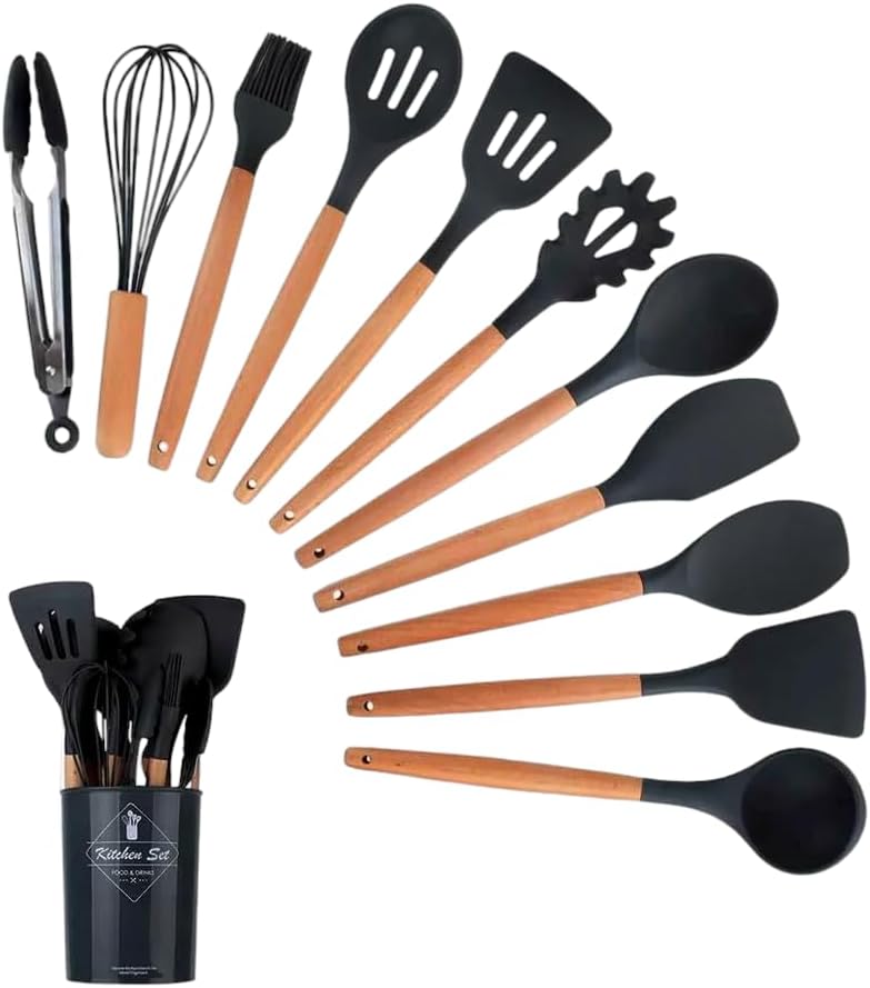 Set di 12 Utensili da Cucina in Silicone – Resistenti al Calore, Antiaderenti e Lavabili in Lavastoviglie nero