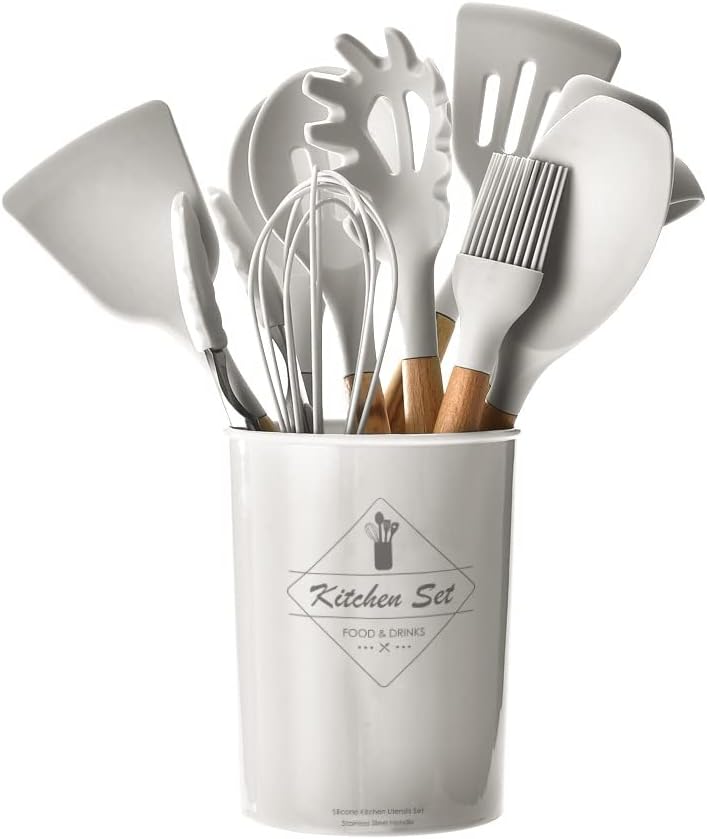 Set di 12 Utensili da Cucina in Silicone – Resistenti al Calore, Antiaderenti e Lavabili in Lavastoviglie (grigio)