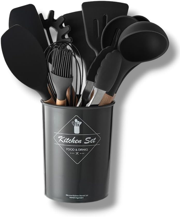 Set di 12 Utensili da Cucina in Silicone – Resistenti al Calore, Antiaderenti e Lavabili in Lavastoviglie nero