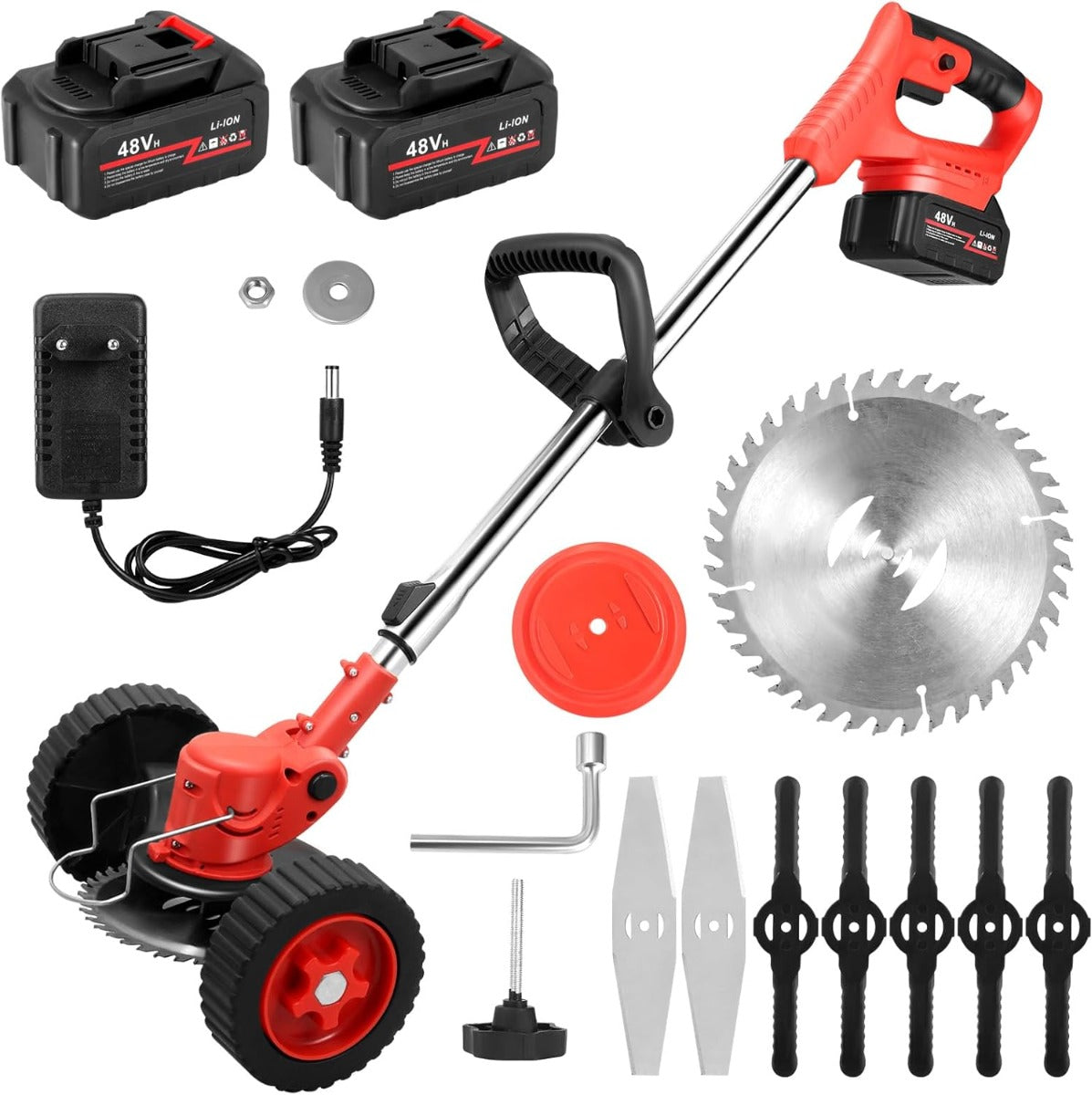 Decespugliatore a Doppia Batteria 48V Senza Fili - Tagliabordi Elettrico con Lame Intercambiabili, Testa Regolabile e Maniglia Telescopica