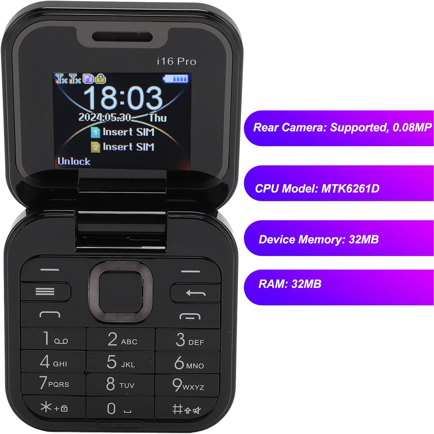 Mini Telefono Cellulare Pieghevole i16 Pro Dual SIM con Radio FM, Fotocamera HD e Torcia LED (black)