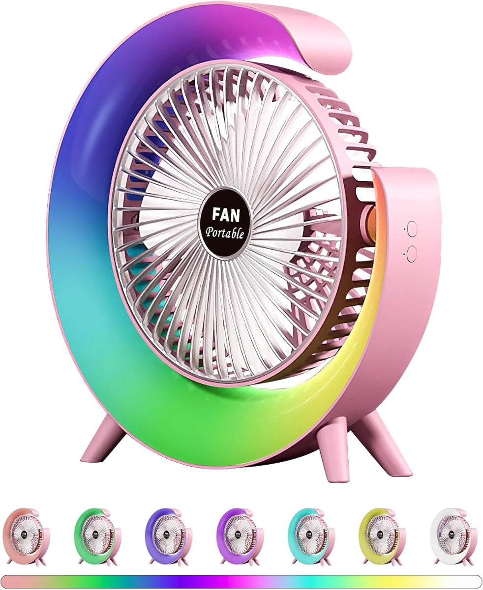 Ventilatore da Tavolo USB con Luce LED RGB – 3 Velocità, Silenzioso, Ricaricabile, Rotazione a 180°, Luce Notturna Multicolore – Portatile per Casa, Ufficio, Campeggio