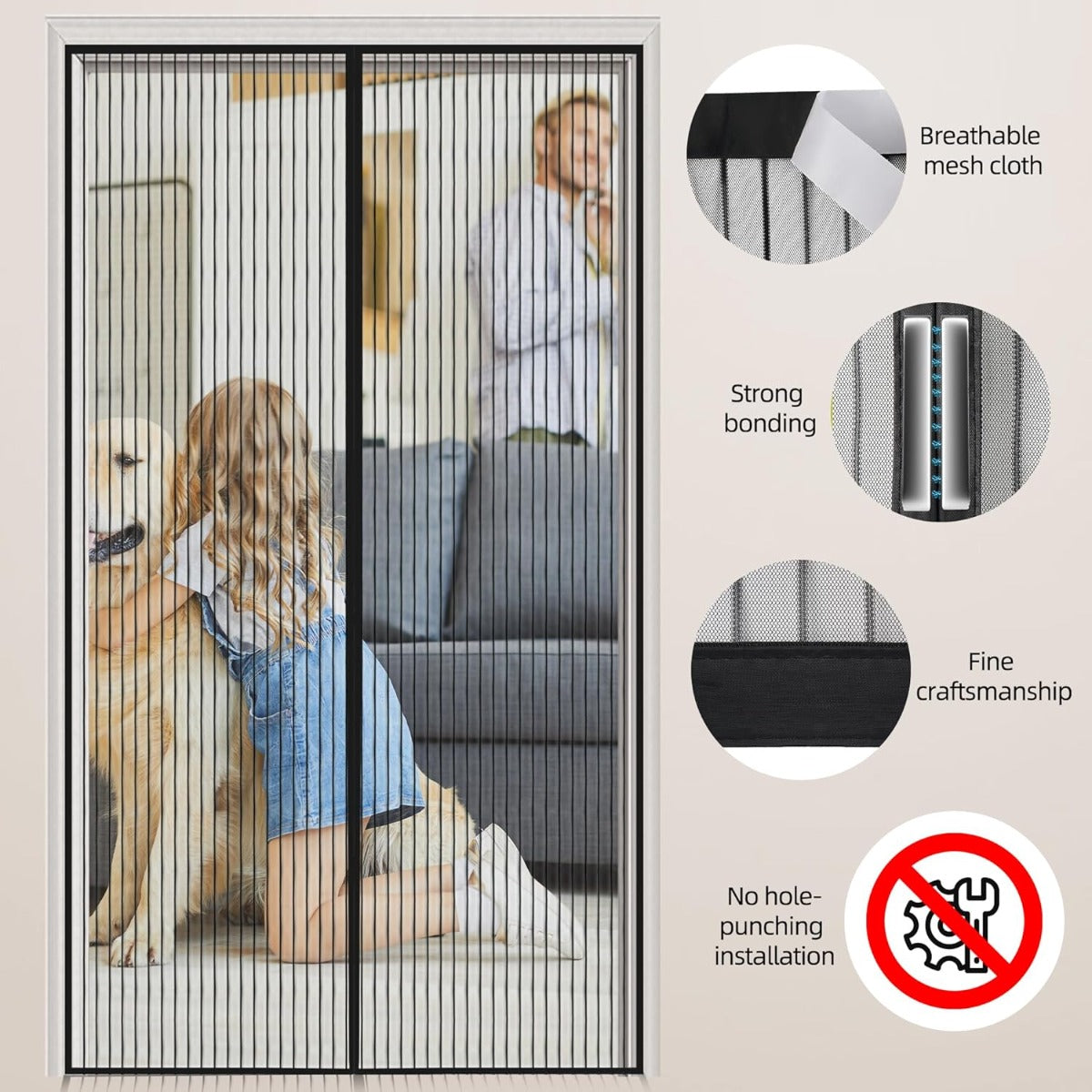 Zanzariera Magnetica per Porta 140 x 240 cm – Tenda Anti-Insetti con Chiusura Automatica Magnetica, Rete in Poliestere Resistente – Nero