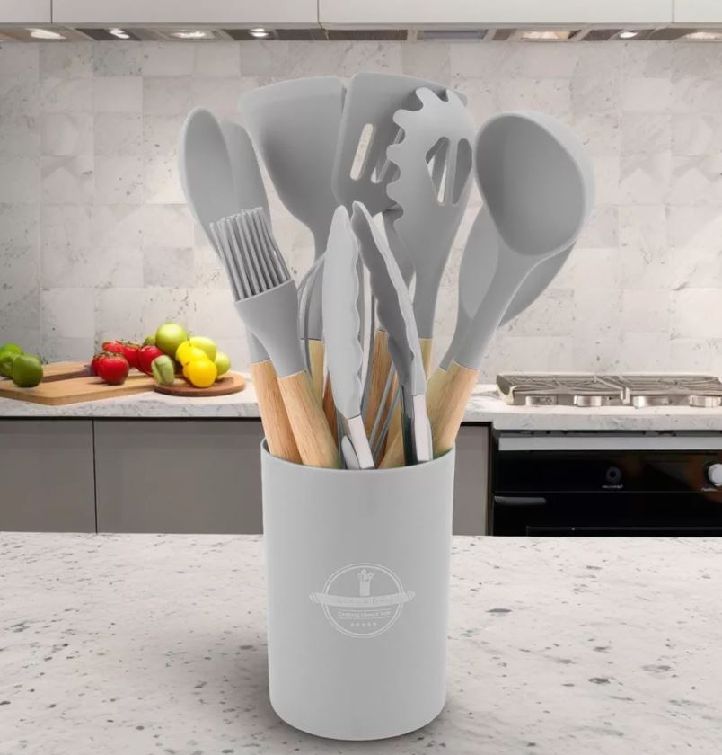 Set di 12 Utensili da Cucina in Silicone – Resistenti al Calore, Antiaderenti e Lavabili in Lavastoviglie (grigio scuro)