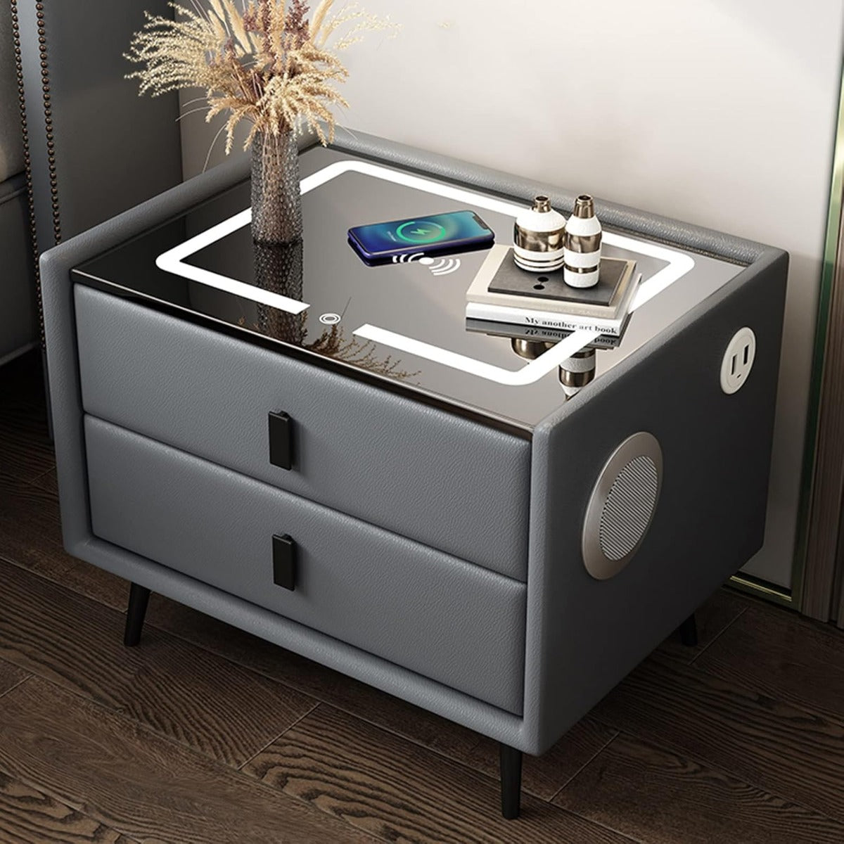 Comodino Intelligente con Ricarica Wireless e USB, Altoparlante Bluetooth, Comodino LED Multifunzionale con 3 Colori Oscurabili per Camera da Letto