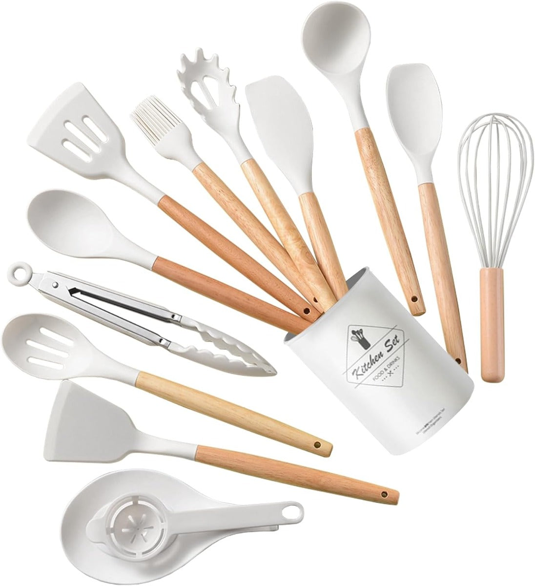 Set di 12 Utensili da Cucina in Silicone – Resistenti al Calore, Antiaderenti e Lavabili in Lavastoviglie bianco