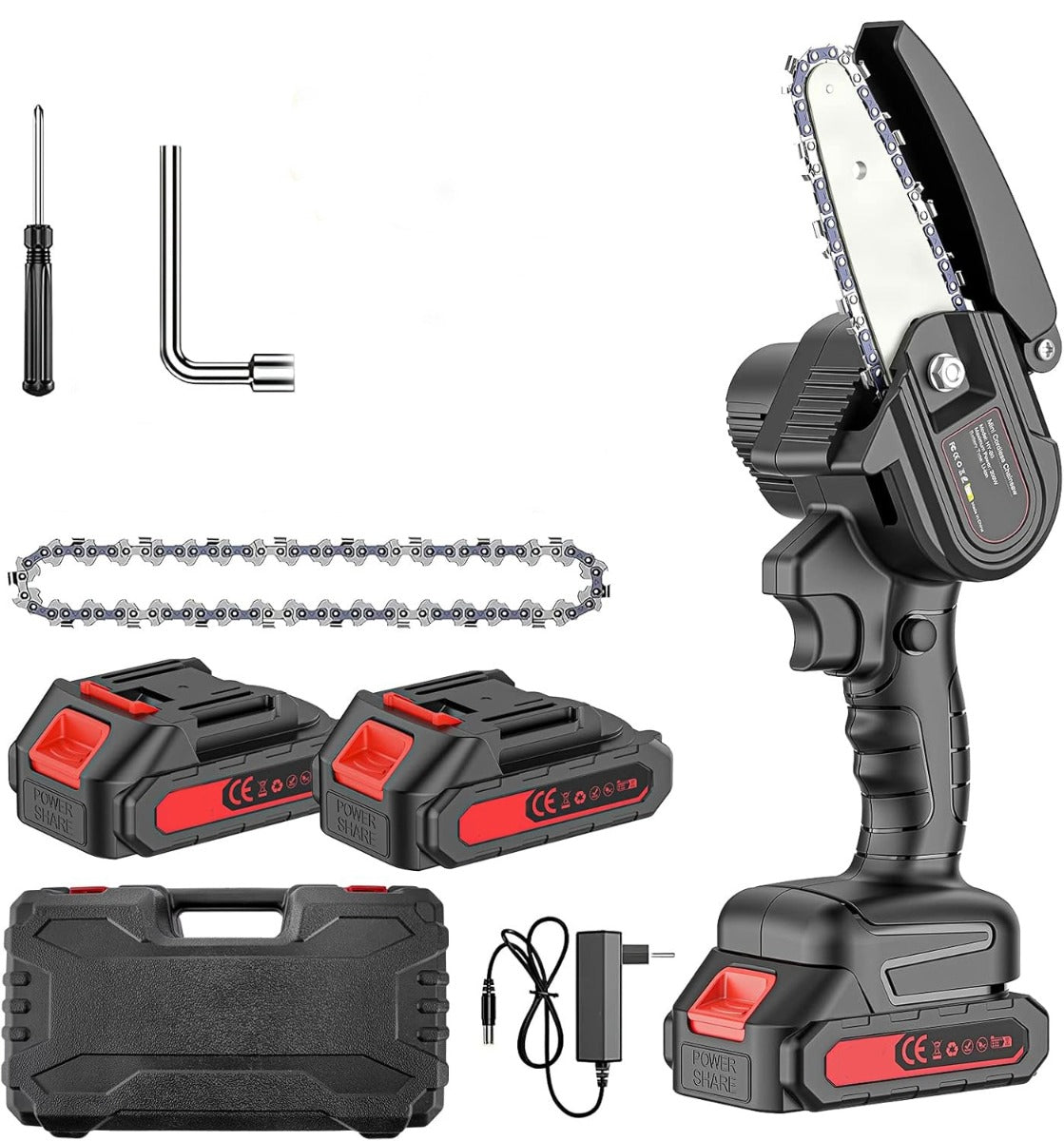 Mini Motosega 4 Pollici Doppia Batteria 48V o 88V - Caricatore e Accessori Inclusi, per Potatura e Giardinaggio