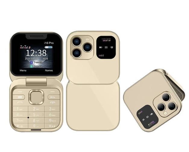 Mini Telefono Cellulare Pieghevole i16 Pro Dual SIM con Radio FM, Fotocamera HD e Torcia LED (gold)