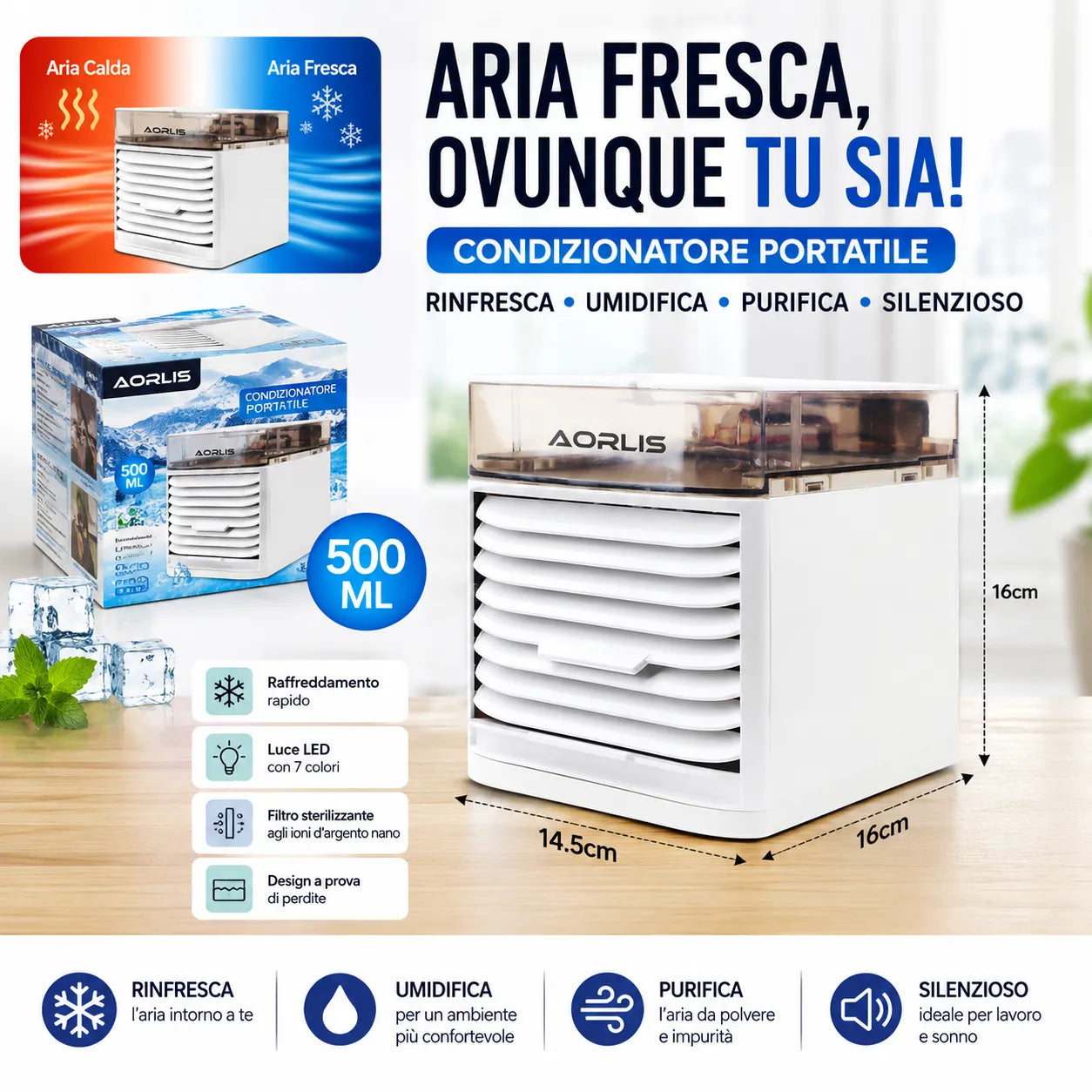 Condizionatore Portatile 500ML Mini Air Cooler USB 3 Velocità LED Raffrescatore