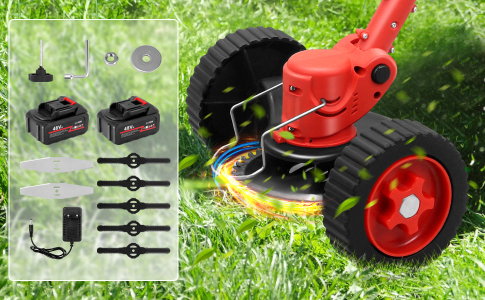 Decespugliatore a Doppia Batteria 48V Senza Fili - Tagliabordi Elettrico con Lame Intercambiabili, Testa Regolabile e Maniglia Telescopica