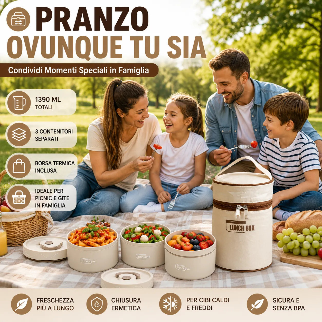Lunch Box Termica Isotermica 1390 ML con 3 Contenitori in Acciaio Inox e Borsa Termica – Porta Pranzo con Cucchiaio e Bacchette per Ufficio, Scuola, Viaggi e Meal Prep