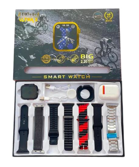 Smartwatch ZT07+1+1 Ultra2 con 7 cinturini intercambiabili, auricolari Bluetooth, cover in silicone, 2 cavi di ricarica, AirPods Pro (2nd Generation), GPS e display 2.20