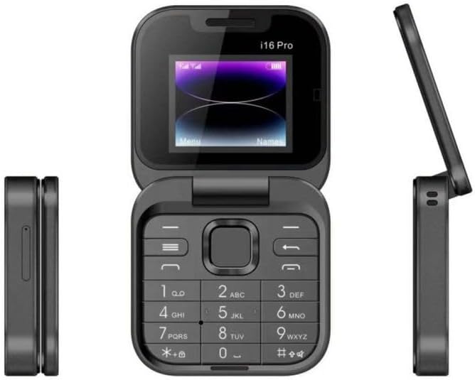 Mini Telefono Cellulare Pieghevole i16 Pro Dual SIM con Radio FM, Fotocamera HD e Torcia LED (black)