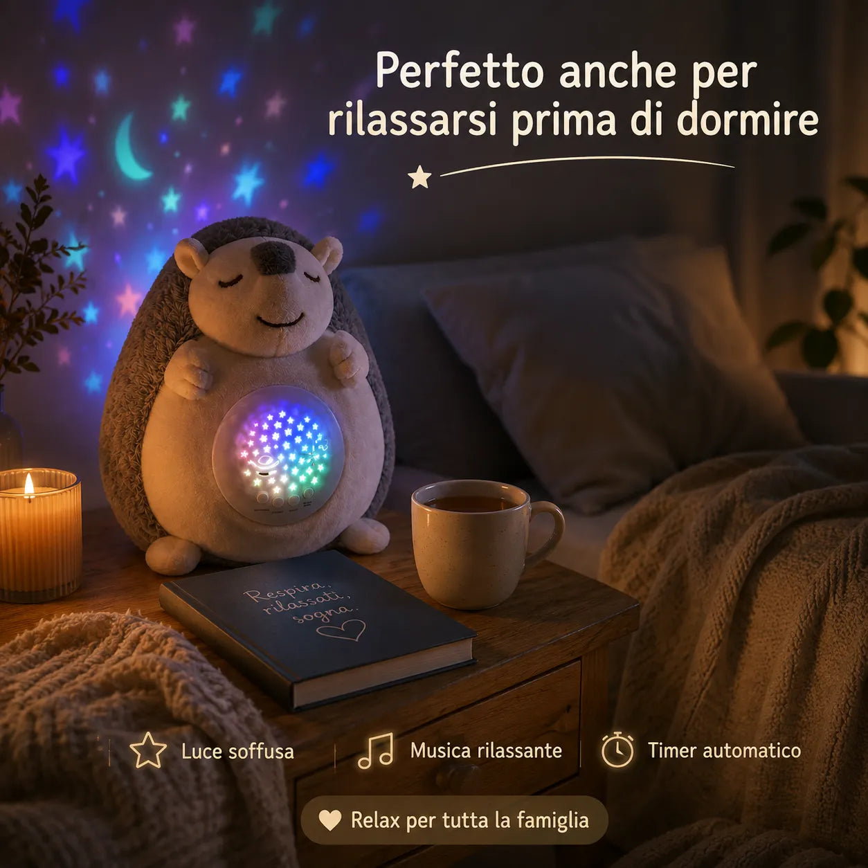 Peluche Riccio Proiettore Stelle con Musica Rilassante, Luce Notturna LED 7 Colori, Timer Automatico, Lampada per Bambini e Neonati