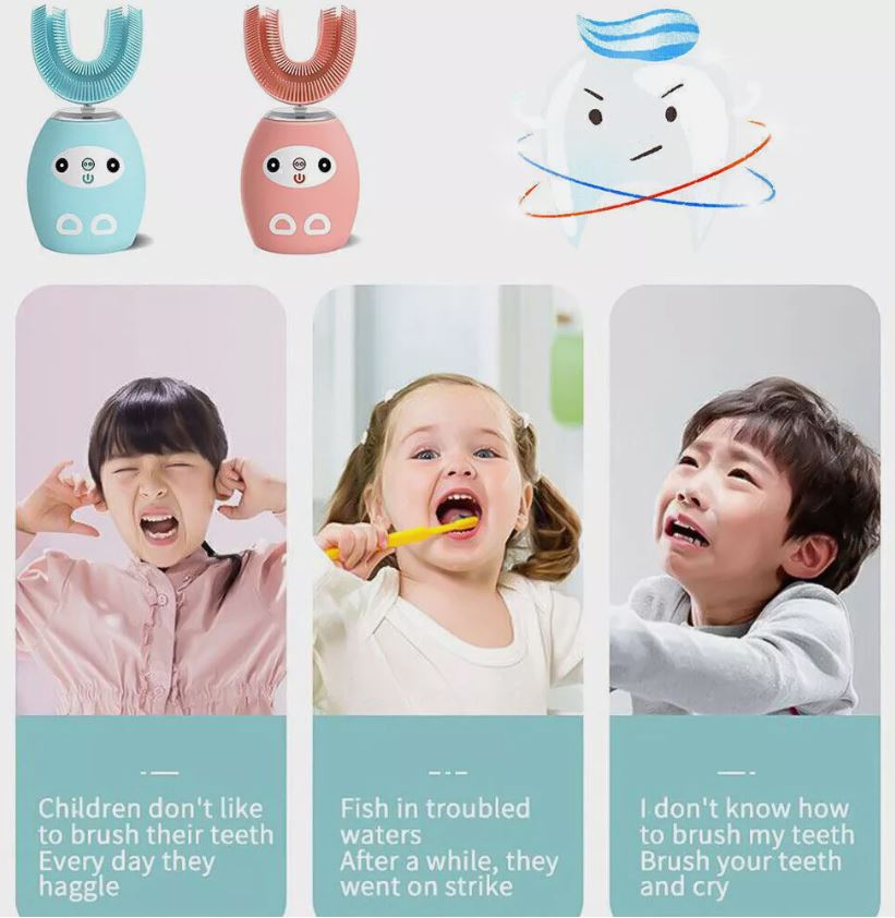 Spazzolino Elettrico Ultrasonico per Bambini – Forma a U, 4 Modalità, IPX7 Impermeabile, Pulizia e Sbiancamento Dentale