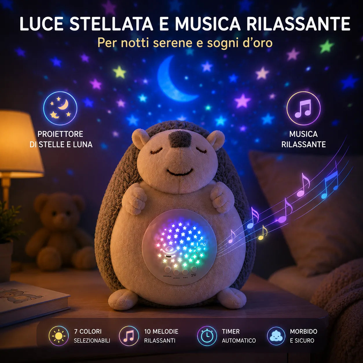 Peluche Riccio Proiettore Stelle con Musica Rilassante, Luce Notturna LED 7 Colori, Timer Automatico, Lampada per Bambini e Neonati