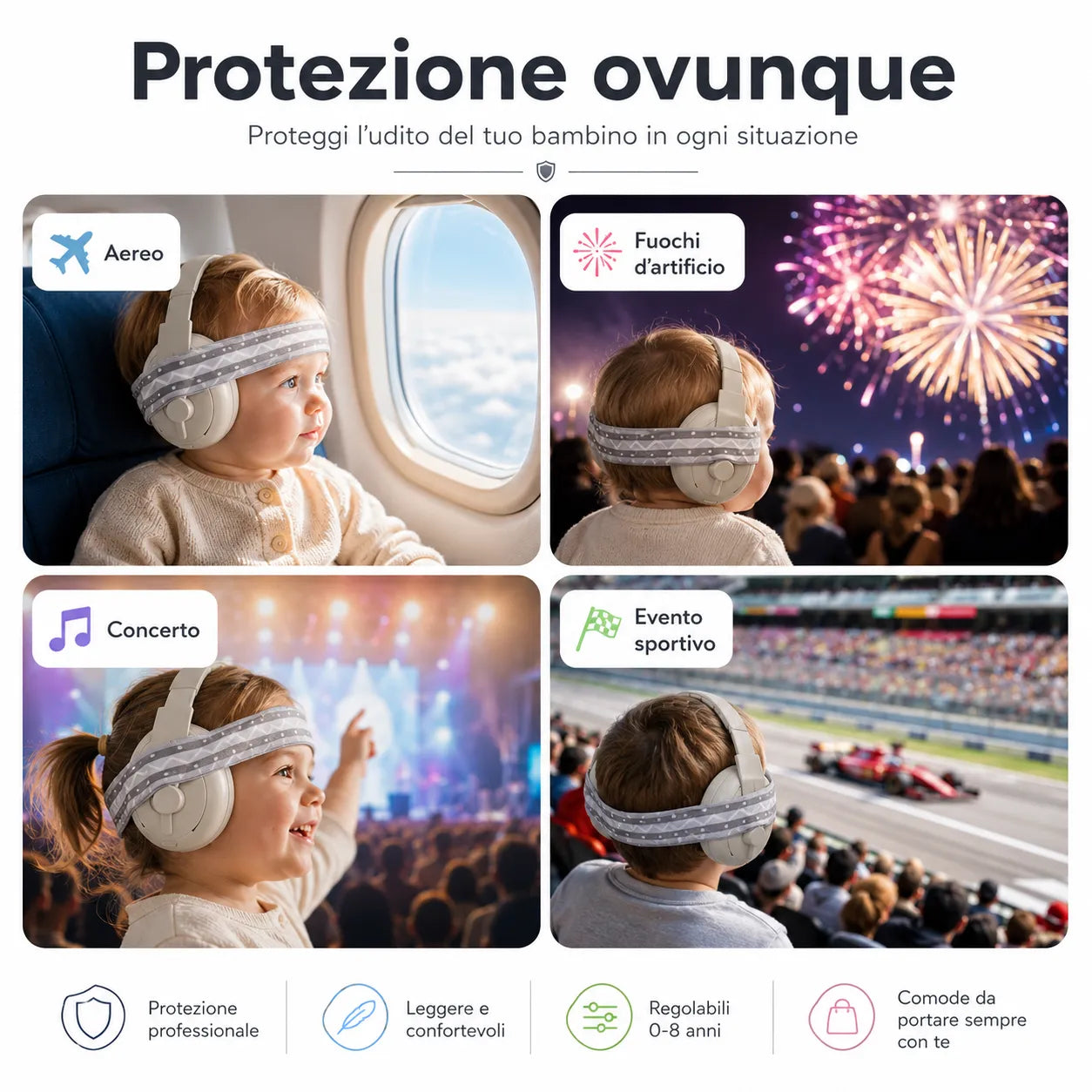 Cuffie Antirumore per Bambini 0-8 Anni con Fascia Elastica Regolabile – Protezione Udito 25dB, Pieghevoli con Custodia