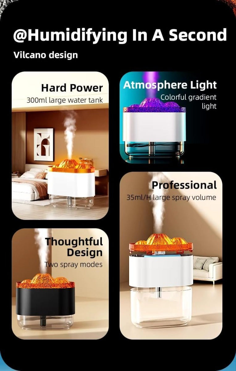 Diffusore Umidificatore Flame Volcano con Luce LED e Spegnimento Automatico - 300ml