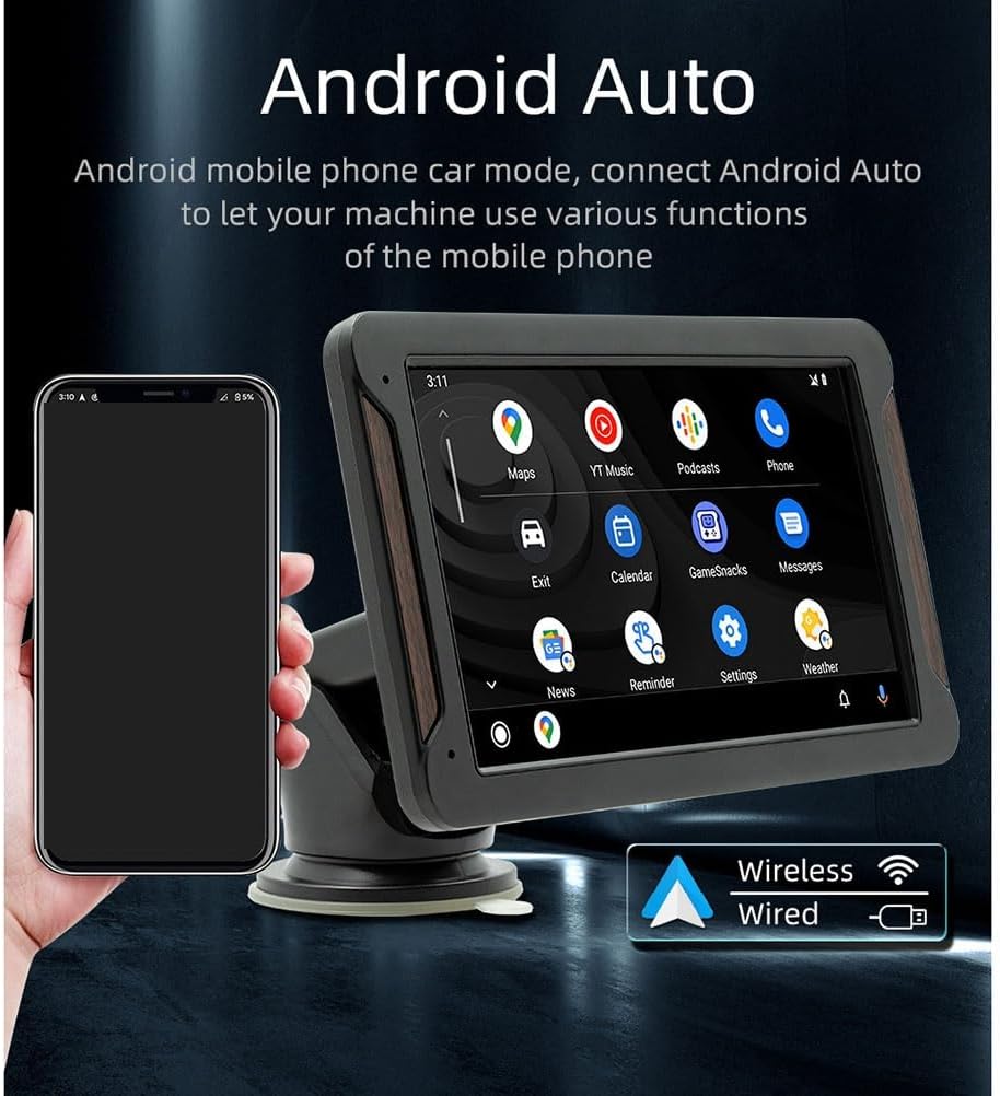 Autoradio Portatile 7" con Apple CarPlay, Android Auto, Bluetooth 5.0 e Mirror Link – Schermo HD, FM e Supporto Multifunzionale