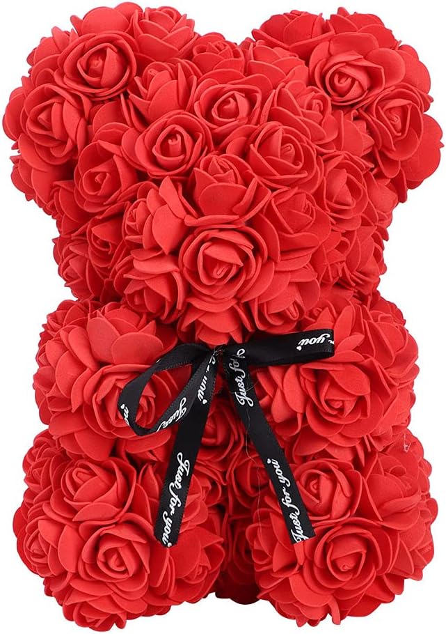 Orsetto con Rose Artificiali Fatto a Mano (rosso)