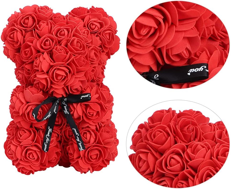 Orsetto con Rose Artificiali Fatto a Mano (rosso)