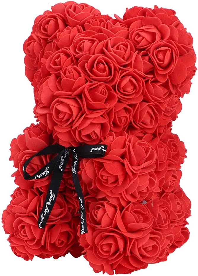 Orsetto con Rose Artificiali Fatto a Mano (rosso)