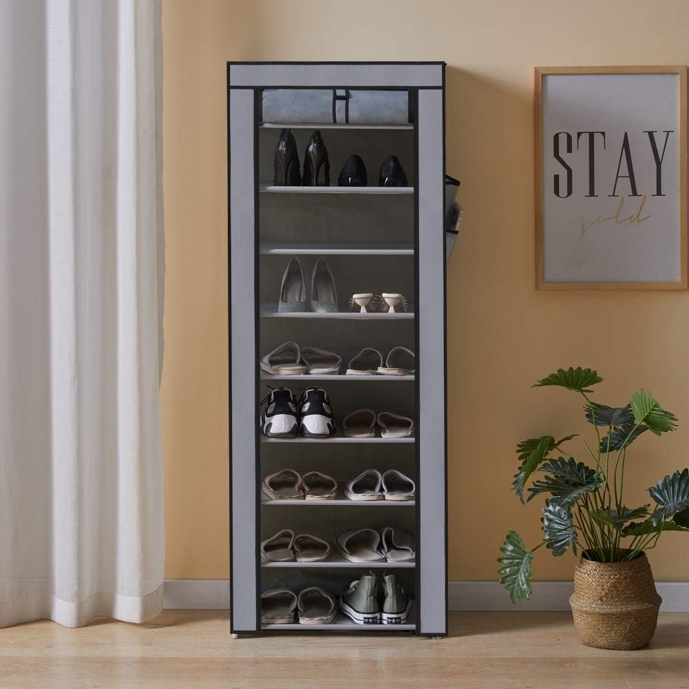 Scarpiera Grigia a 10 Ripiani con Copertura Antipolvere - Organizzatore Salvaspazio per Scarpe