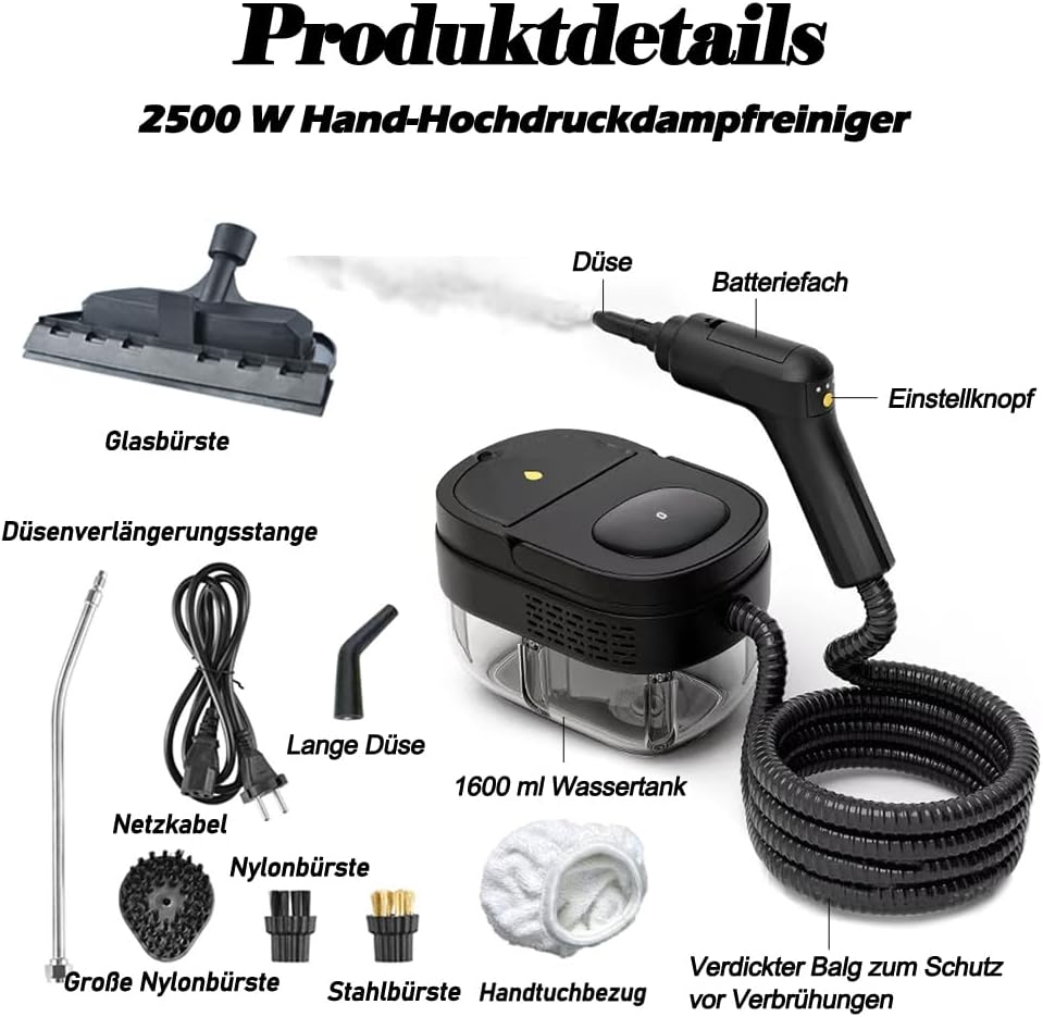 Pulitore a Vapore Portatile 1600ml – Alta Pressione e Accessori Multifunzionali per Pulizia Completa