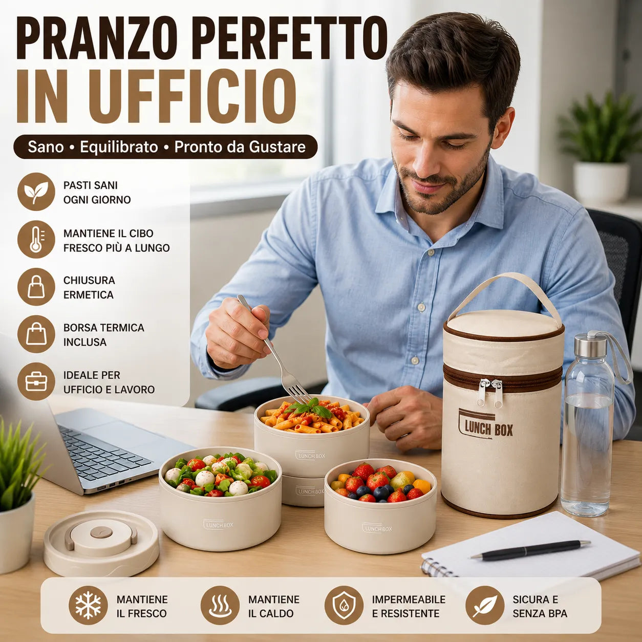 Lunch Box Termica Isotermica 1390 ML con 3 Contenitori in Acciaio Inox e Borsa Termica – Porta Pranzo con Cucchiaio e Bacchette per Ufficio, Scuola, Viaggi e Meal Prep