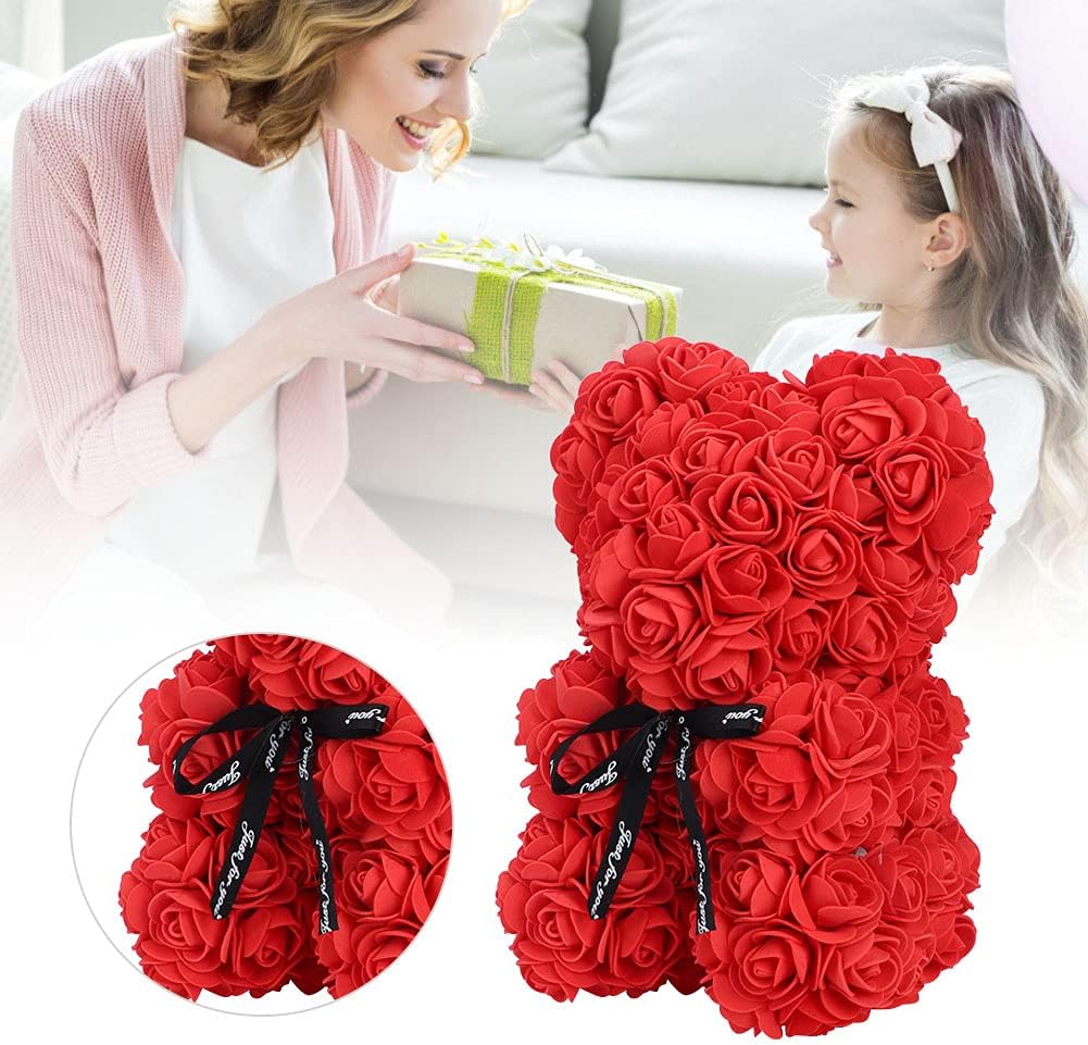 Orsetto con Rose Artificiali Fatto a Mano (rosso)