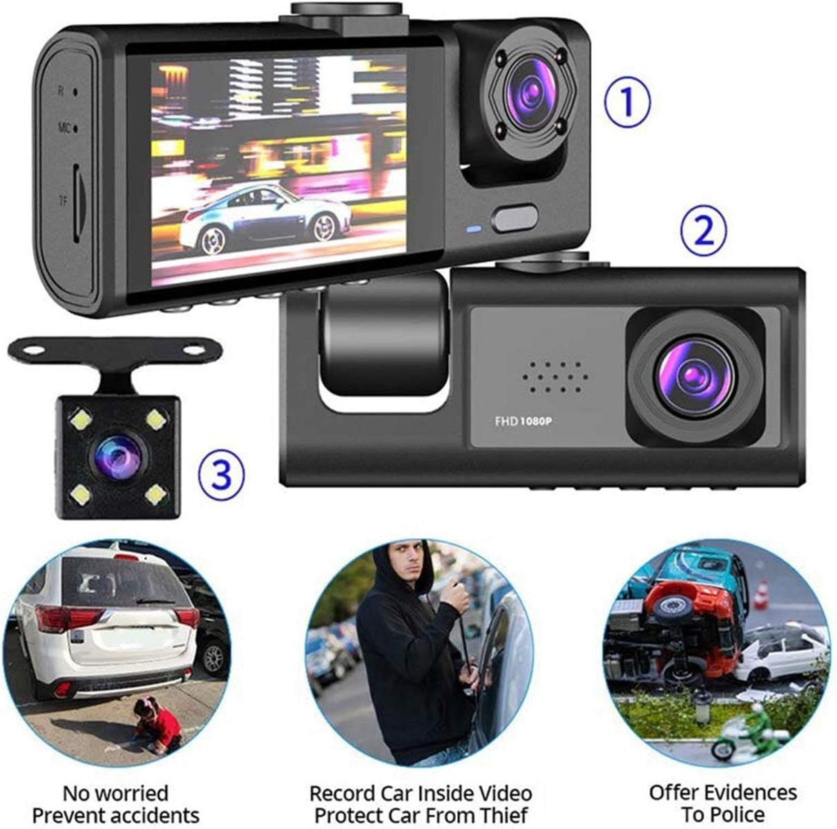 Dash Cam con Registrazione in Loop, Visione Notturna IR e Fotocamera 1080P a 3 Obiettivi con Schermo IPS da 2