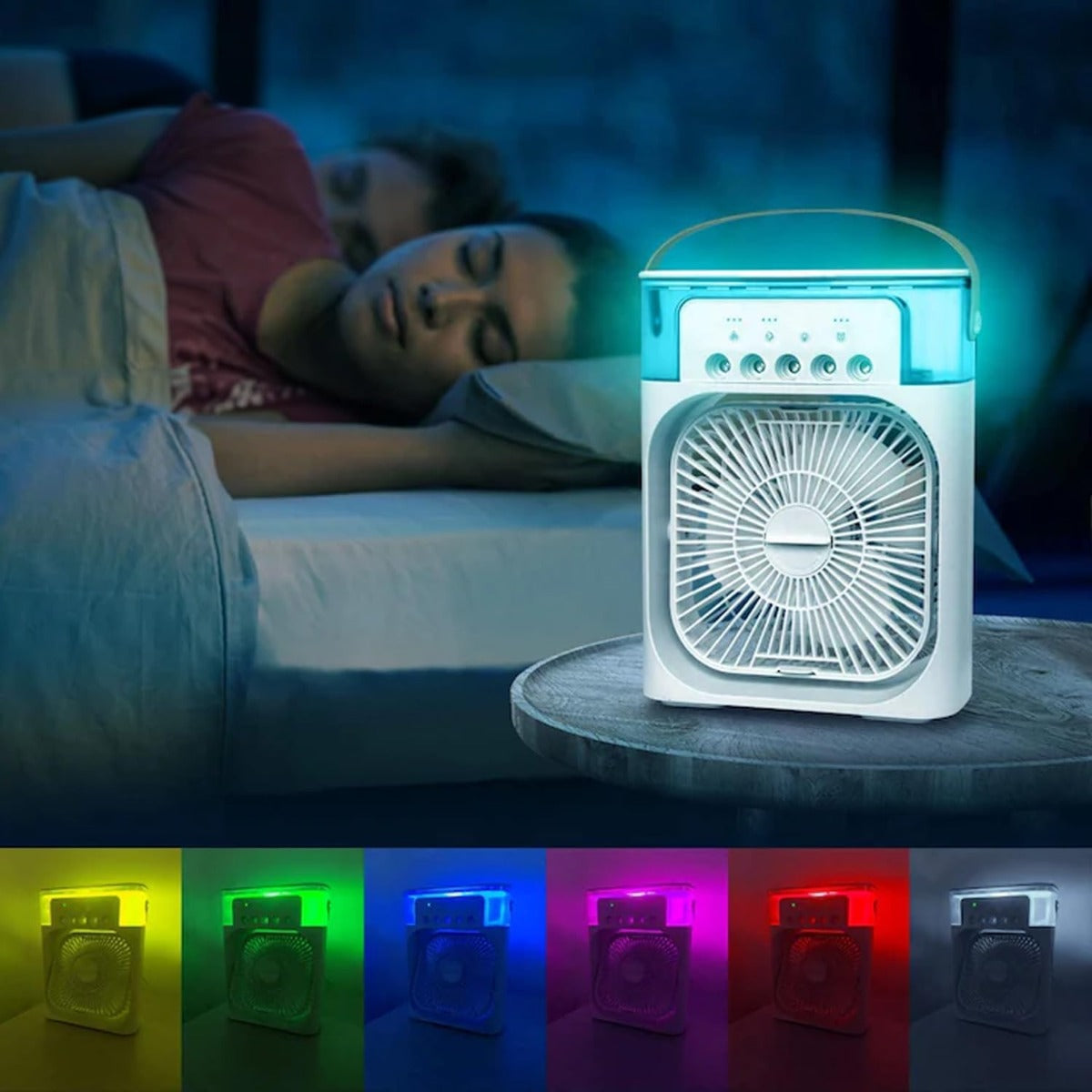 Mini Condizionatore da Tavolo USB-C con Nebulizzatore, Diffusore di Profumi e LED Multicolore