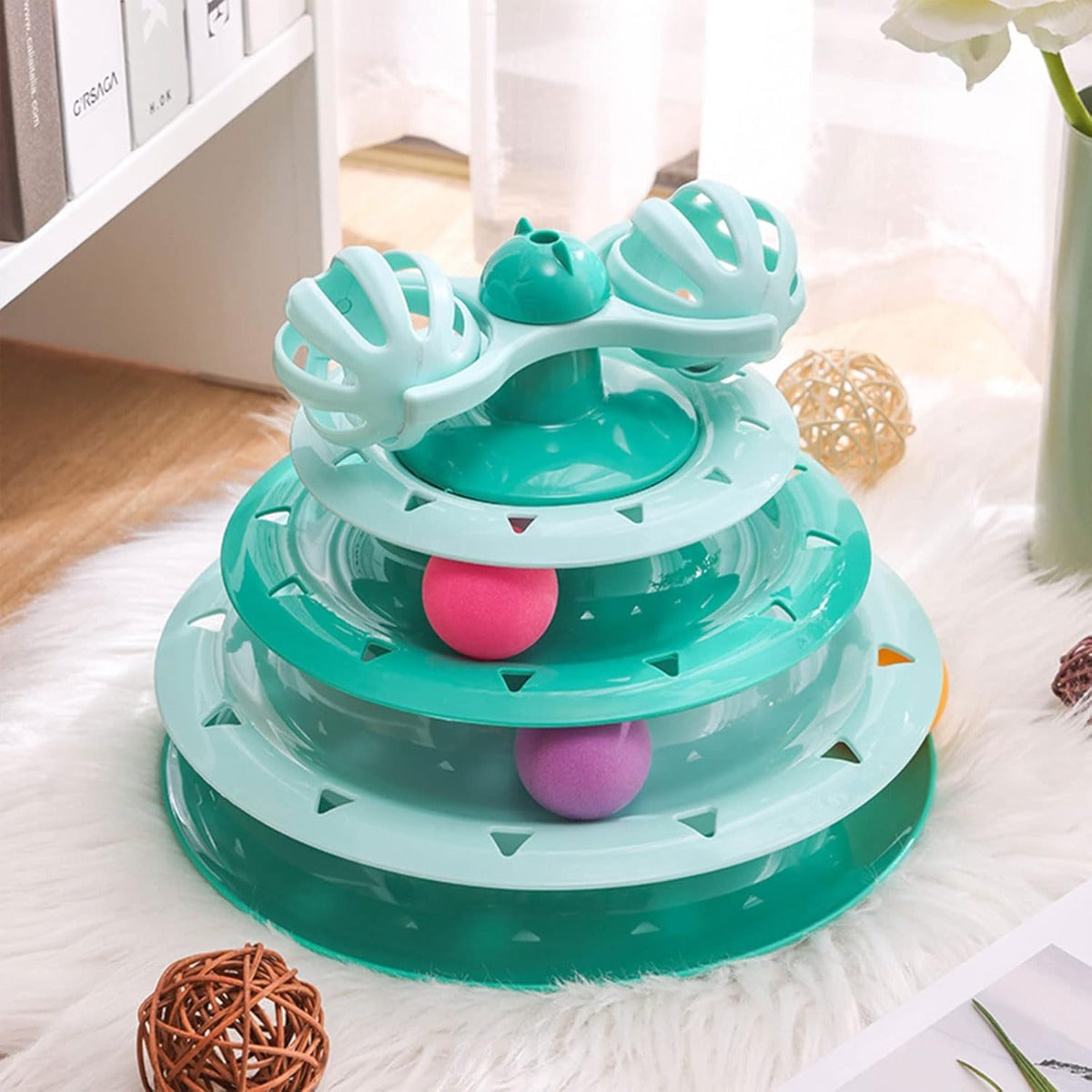 Giocattolo Interattivo per Gatti a 3 Livelli – Torre con Piste e Palline Rotanti, Allenamento e Divertimento per Gatti Domestici