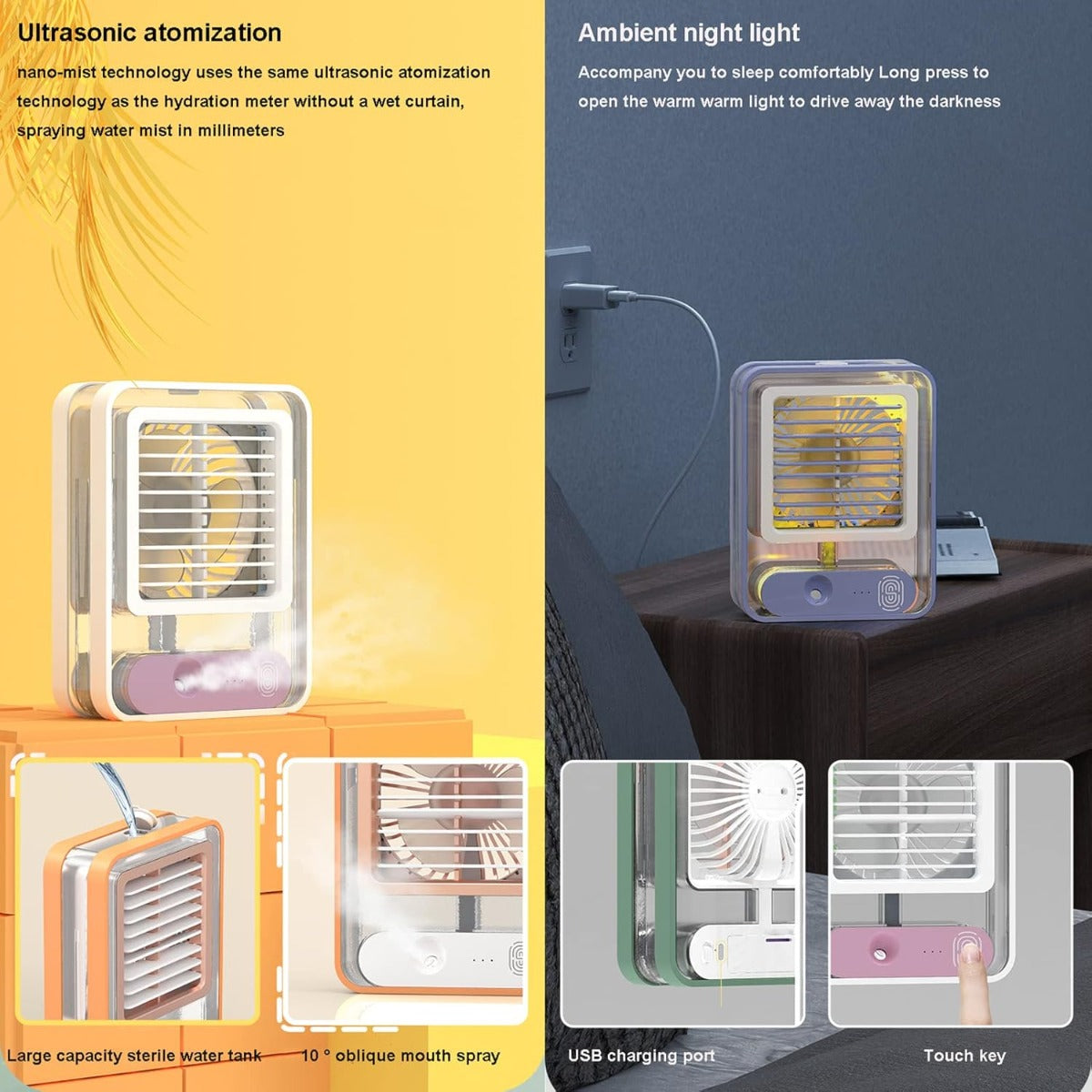 Condizionatore d'Aria Portatile da Tavolo con Umidificatore, 3 Velocità e Luce Notturna