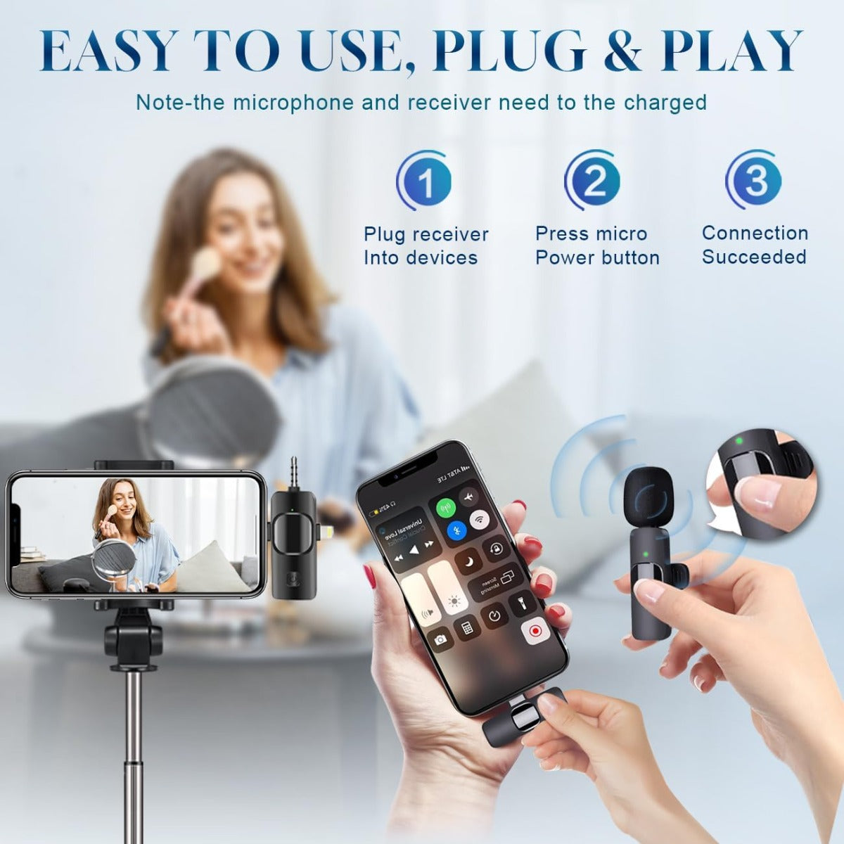 Microfono Lavalier Wireless 3 in 1 - Compatibile con iPhone, iPad, Android, Fotocamera, Riduzione del Rumore, Microfono per Vlog, TikTok, YouTube Live Stream