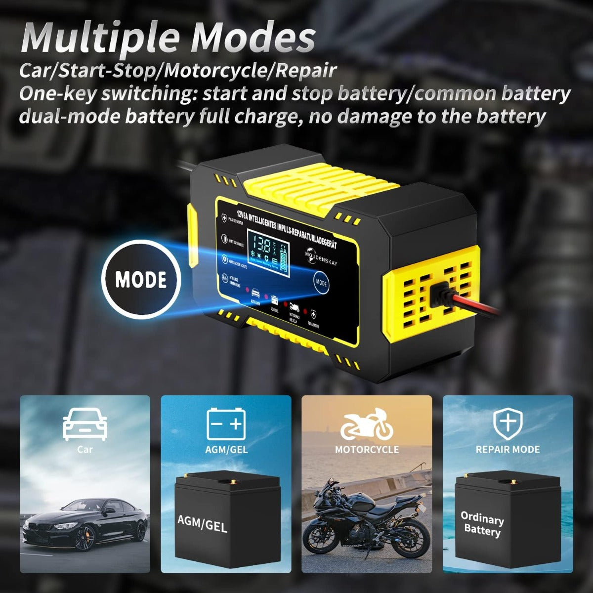 Caricabatteria Auto 12V 6A Intelligente - Con Schermo LCD E Funzione Riparazione - Per Auto, Moto, Barche - Foto 6