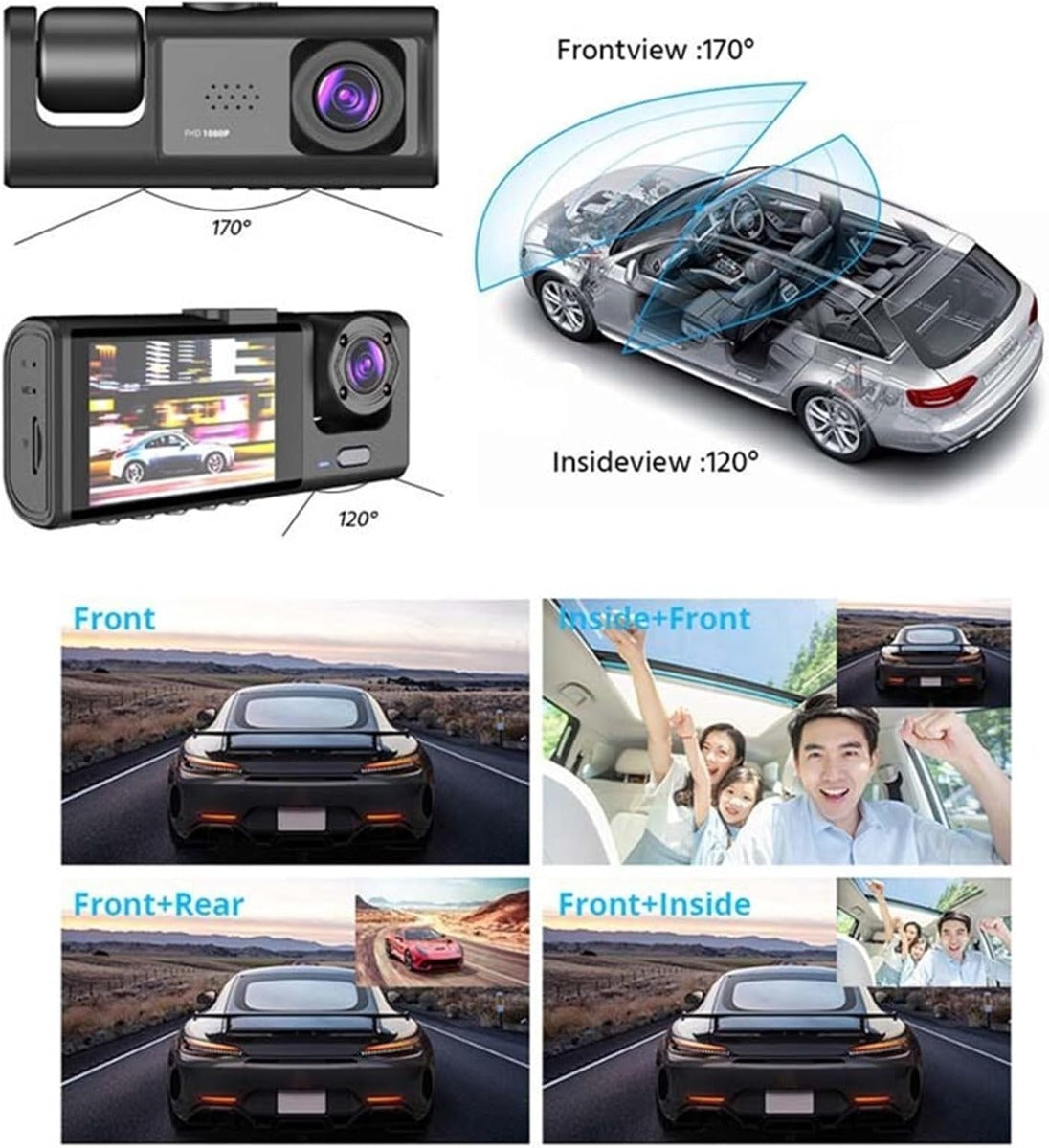 Dash Cam con Registrazione in Loop, Visione Notturna IR e Fotocamera 1080P a 3 Obiettivi con Schermo IPS da 2