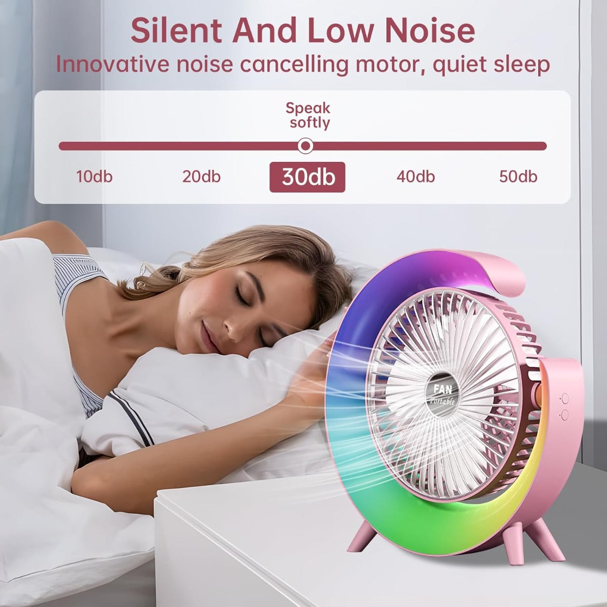 Ventilatore da Tavolo USB con Luce LED RGB – 3 Velocità, Silenzioso, Ricaricabile, Rotazione a 180°, Luce Notturna Multicolore – Portatile per Casa, Ufficio, Campeggio