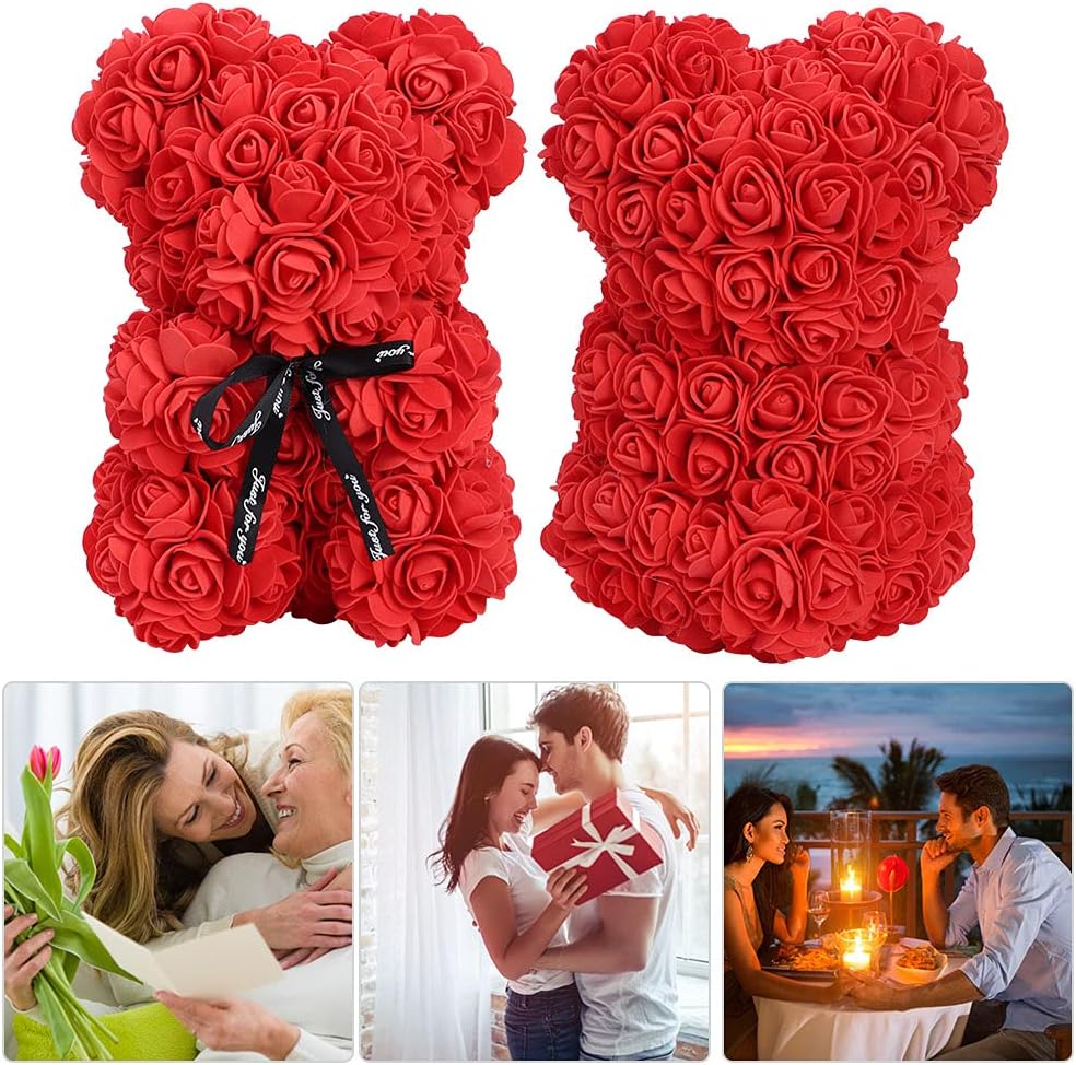 Orsetto con Rose Artificiali Fatto a Mano (rosso)