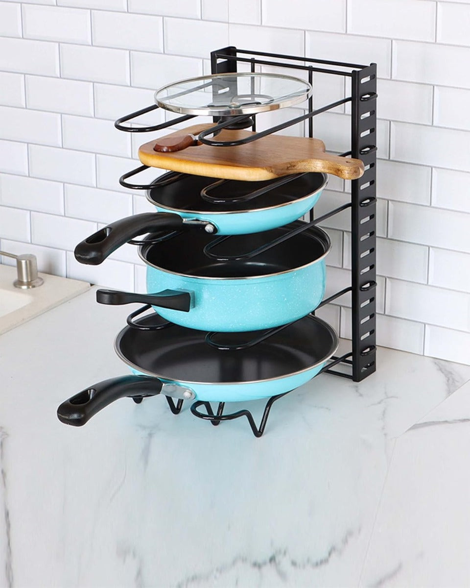 Organizzatore per Pentole e Padelle con 8 Livelli, Supporti Regolabili per Coperchi e Design Personalizzabile