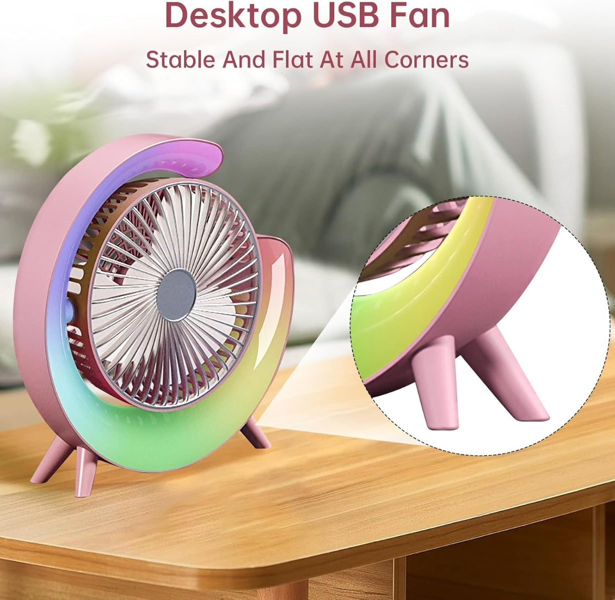 Ventilatore da Tavolo USB con Luce LED RGB – 3 Velocità, Silenzioso, Ricaricabile, Rotazione a 180°, Luce Notturna Multicolore – Portatile per Casa, Ufficio, Campeggio