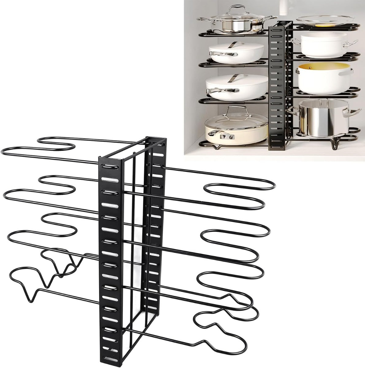 Organizzatore per Pentole e Padelle con 8 Livelli, Supporti Regolabili per Coperchi e Design Personalizzabile