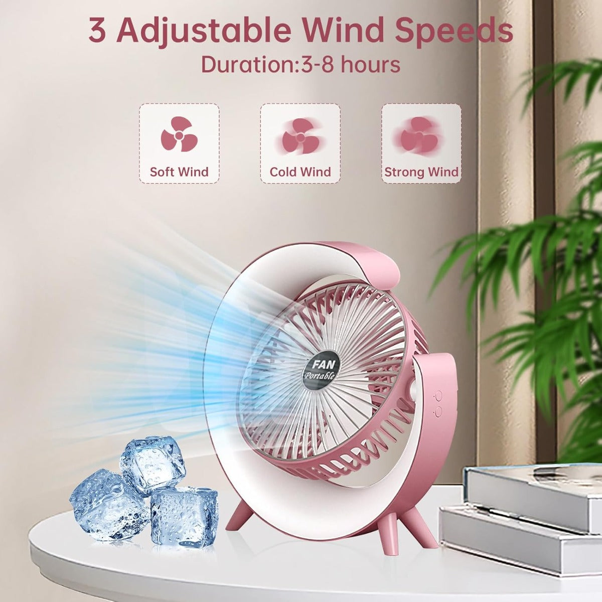 Ventilatore da Tavolo USB con Luce LED RGB – 3 Velocità, Silenzioso, Ricaricabile, Rotazione a 180°, Luce Notturna Multicolore – Portatile per Casa, Ufficio, Campeggio