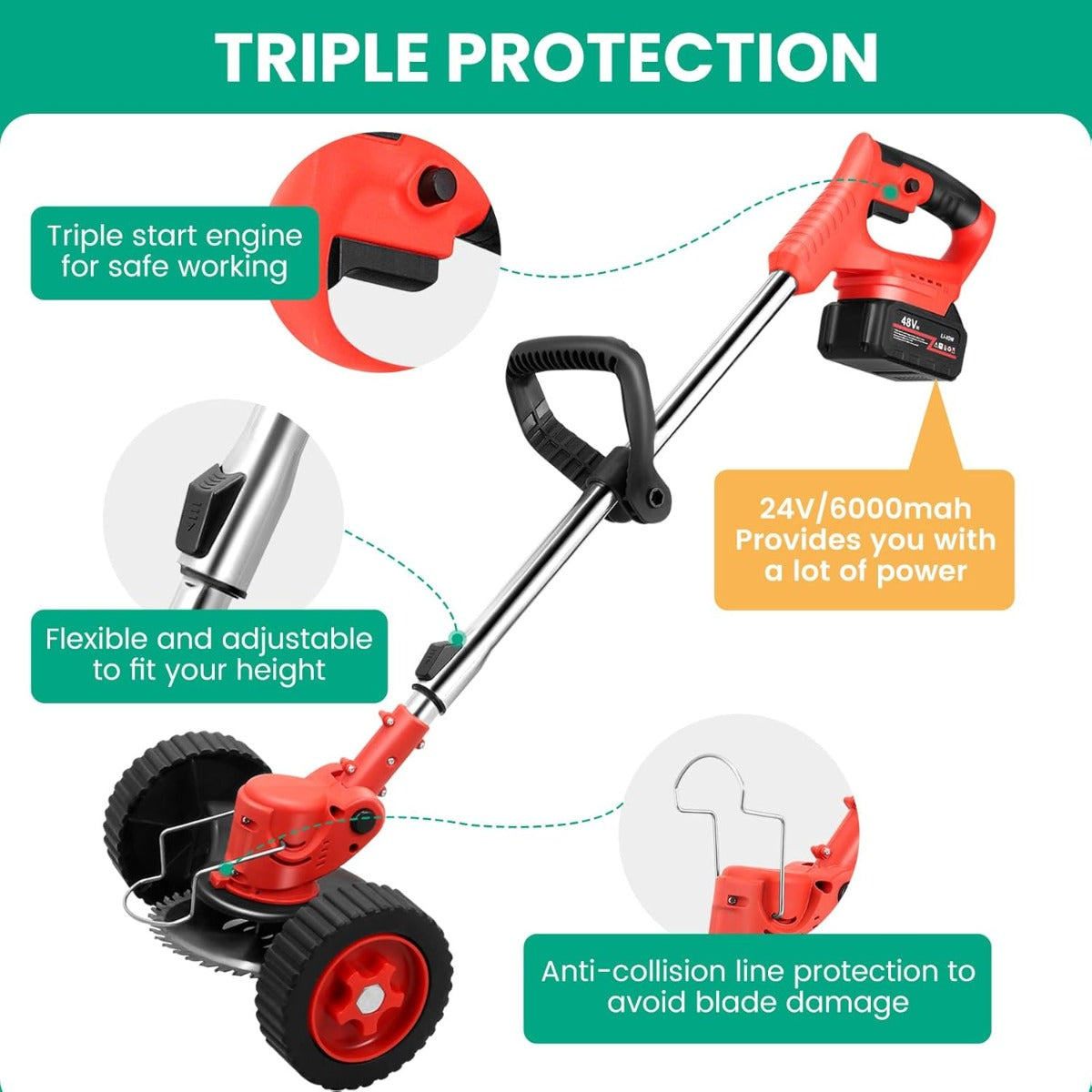 Decespugliatore a Doppia Batteria 48V Senza Fili - Tagliabordi Elettrico con Lame Intercambiabili, Testa Regolabile e Maniglia Telescopica