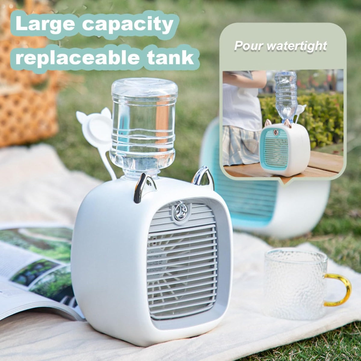 Mini Condizionatore d'Aria Portatile con Ventilatore, Umidificatore e Spray - 3 Velocità, USB Ricaricabile, Ideale per Casa, Ufficio e Viaggio