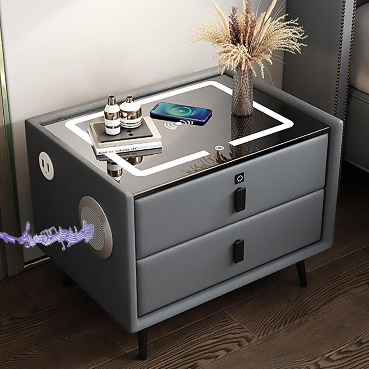 Comodino Intelligente con Ricarica Wireless e USB, Altoparlante Bluetooth, Comodino LED Multifunzionale con 3 Colori Oscurabili per Camera da Letto