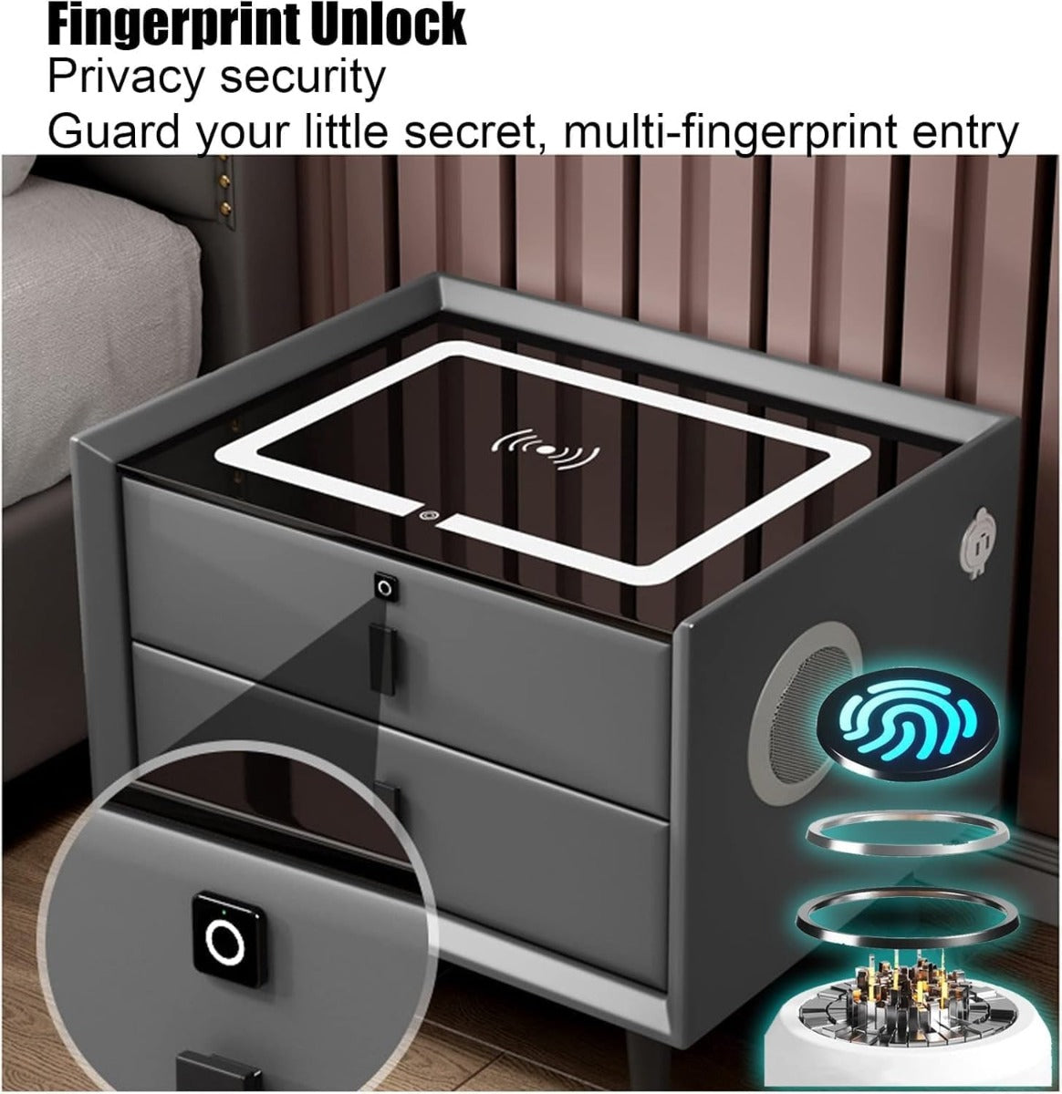Comodino Intelligente con Ricarica Wireless e USB, Altoparlante Bluetooth, Comodino LED Multifunzionale con 3 Colori Oscurabili per Camera da Letto