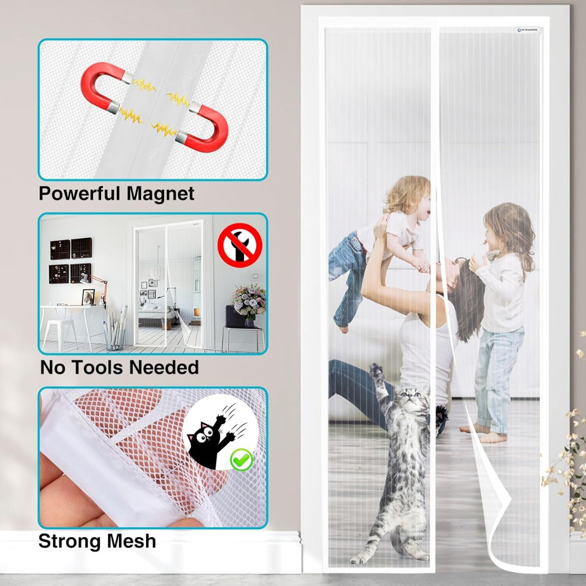 Zanzariera Magnetica per Porta 90 x 210 cm – Tenda Anti-Insetti con Chiusura Automatica Magnetica, Rete in Poliestere Resistente – Bianca