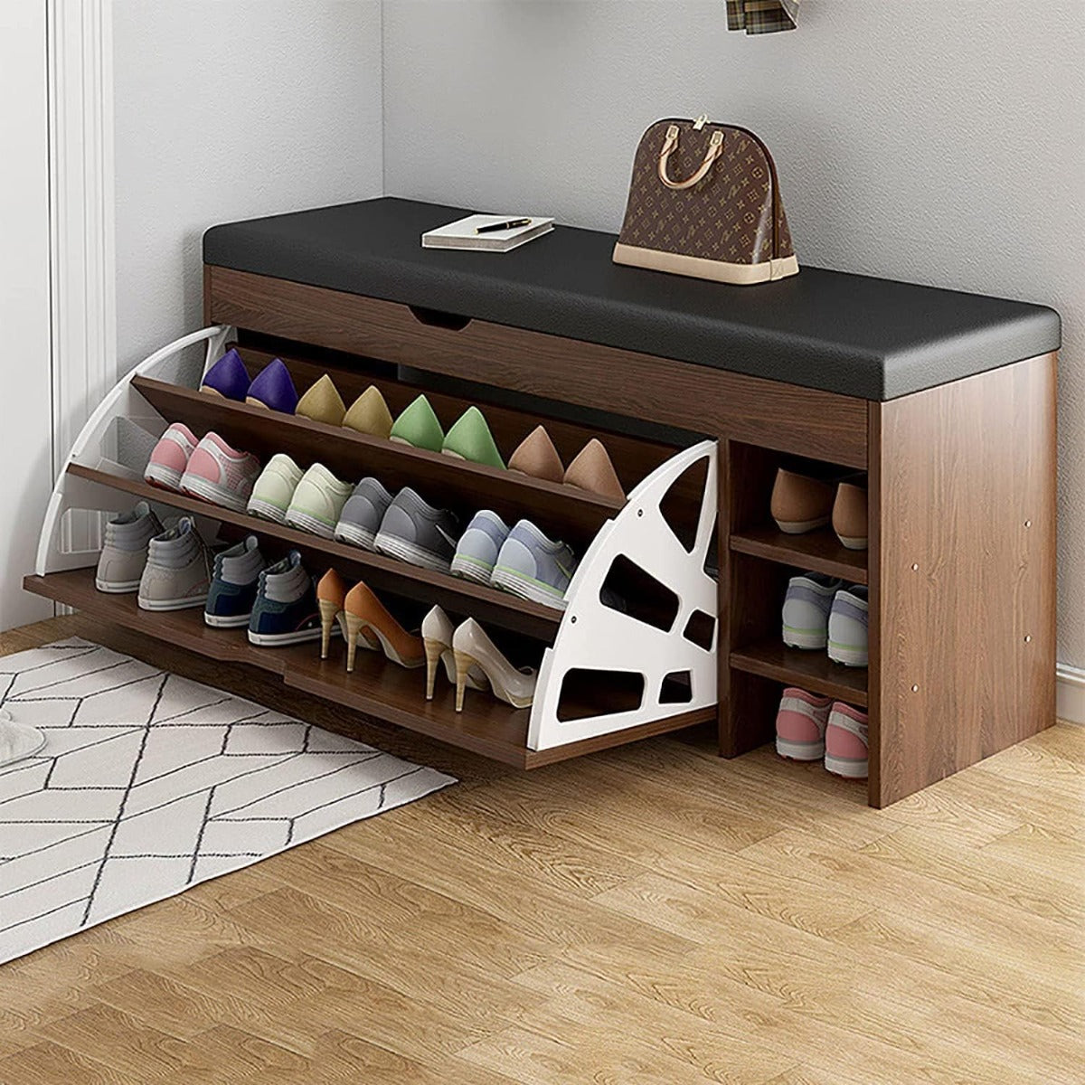 Scarpiera con Seduta Imbottita – Panca Porta Scarpe Salvaspazio in Legno con Cuscino in Finta Pelle –