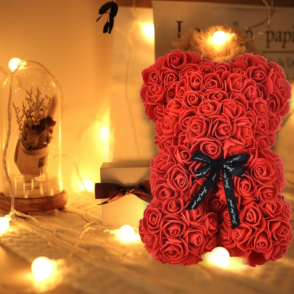 Orsetto con Rose Artificiali Fatto a Mano (rosso)